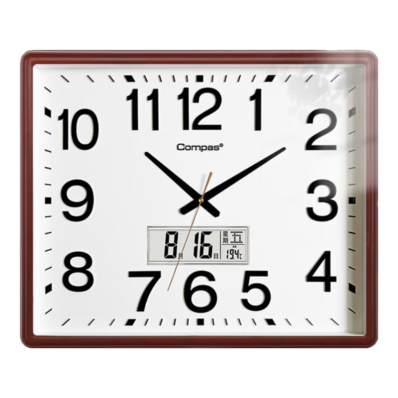 Compas Wall Clock, Living Room Clock, Quiet Classroom Quartz Clock, Wall-Mounted Timepiece, 3443A Calendar Model, Oak Color, 52cm
