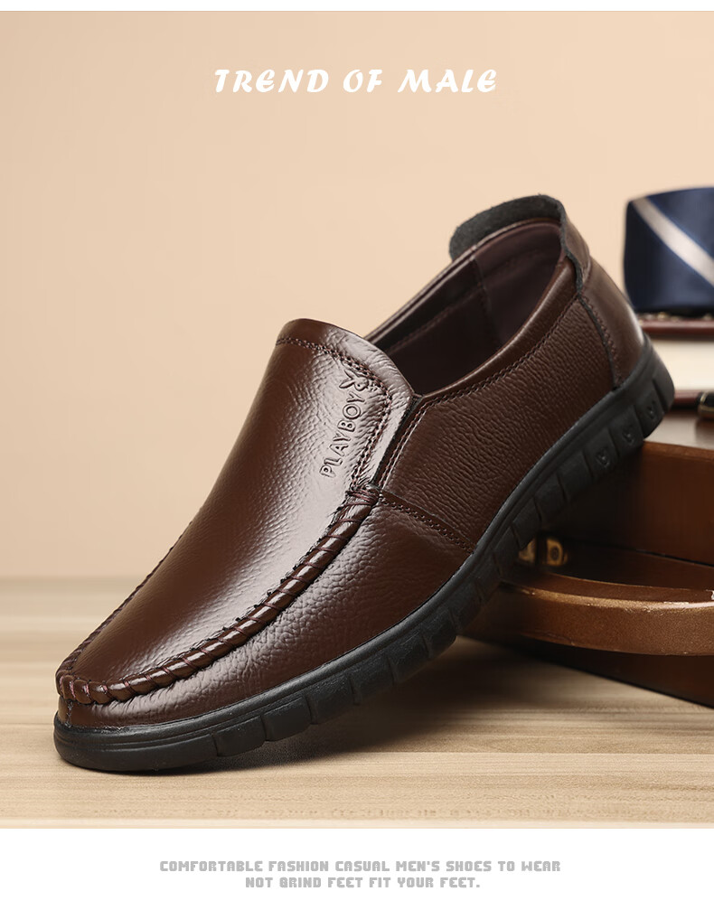 PLAYBOY Men's Shoes, Spring And Autumn New Style, Middle-Aged And Elderly Dad Shoes, Slip-On Men's Shoes, Business Casual Leather Shoes, Black, Size 45 12