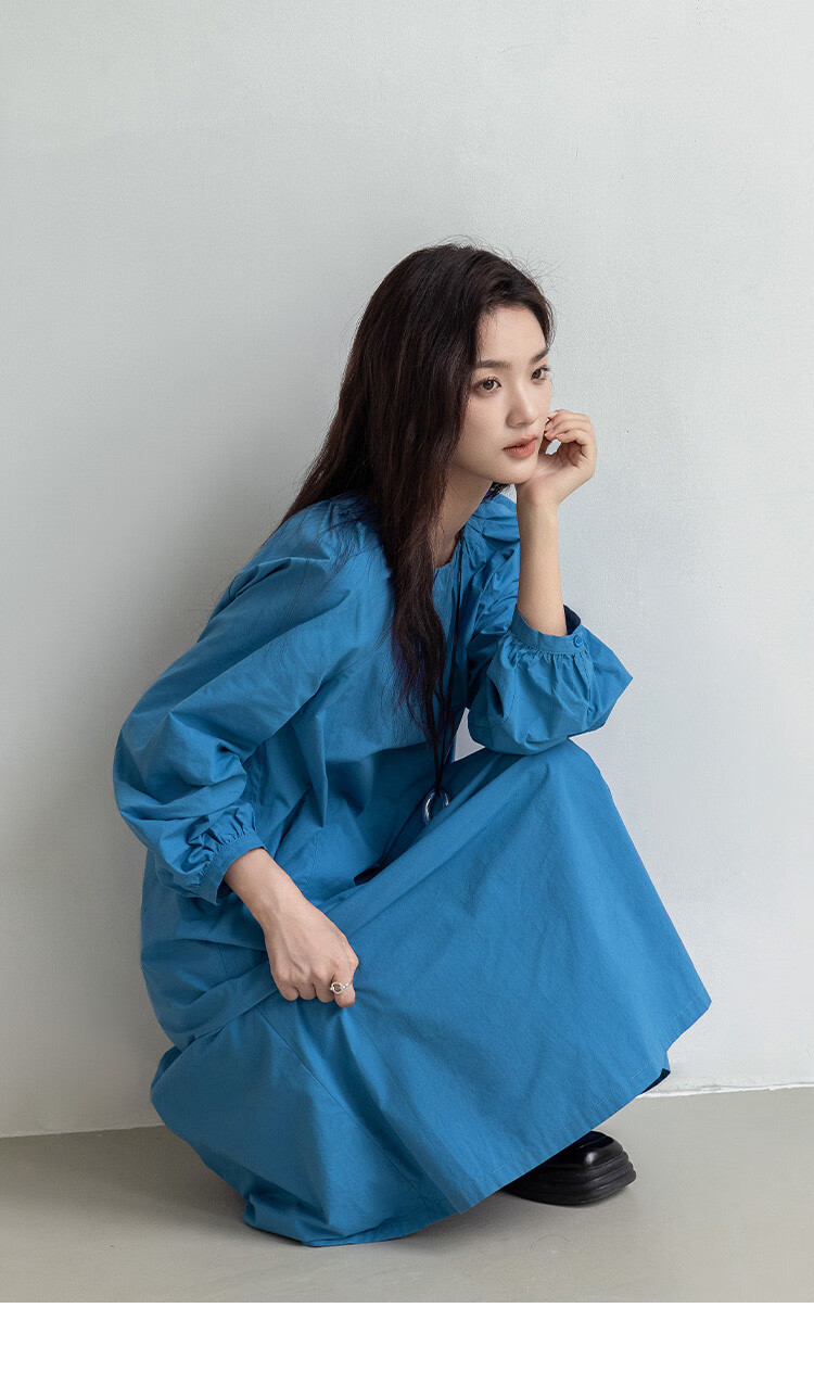Dme Simple Healing Blue Long Dress Spring Autumn Round Neck Pullover Gathered Long Sleeve Mid-Length Dress 9