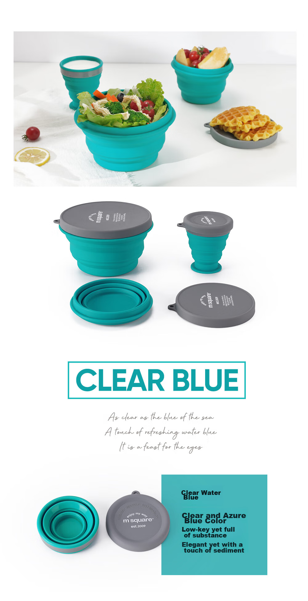 M Square Folding Bowl, Silicone Cup Bowl, Portable Travel Food-Grade Baby Bowl, Camping Picnic, Blue Medium Cup + Large Bowl 11