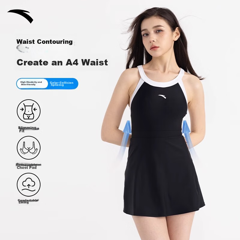 ANTA Slim Waist Swimsuit for Curvy Girls, 2026 New Style Hot Spring One-Piece Dress, Conservative Plus Size Swimwear, Black 2XL