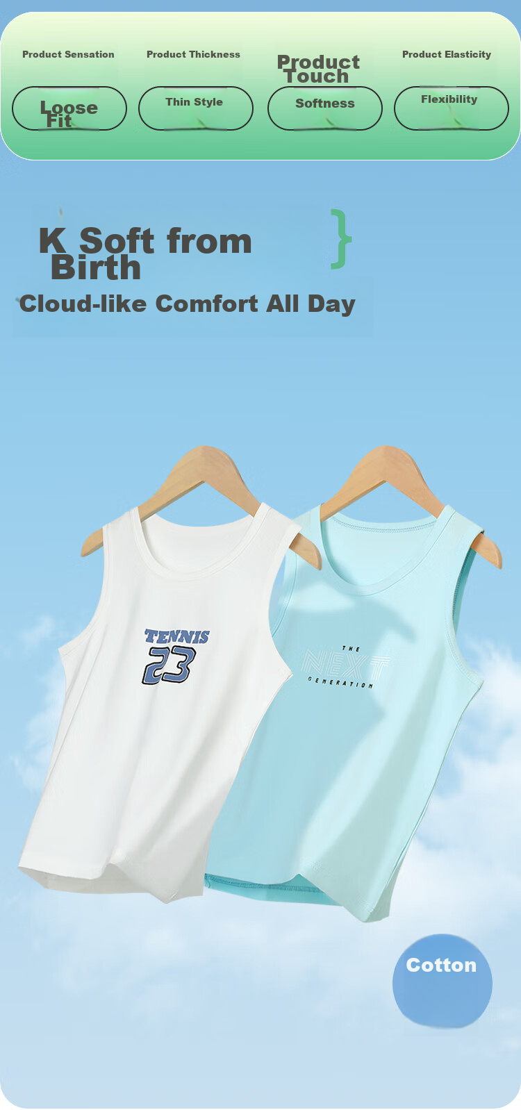 Hodohome Children's Tank Top for Boys, Summer Thin Style, 40-Count Combed Cotton, Casual Sports Undershirt, 2 Pieces, 801 Set One, Size 130 2