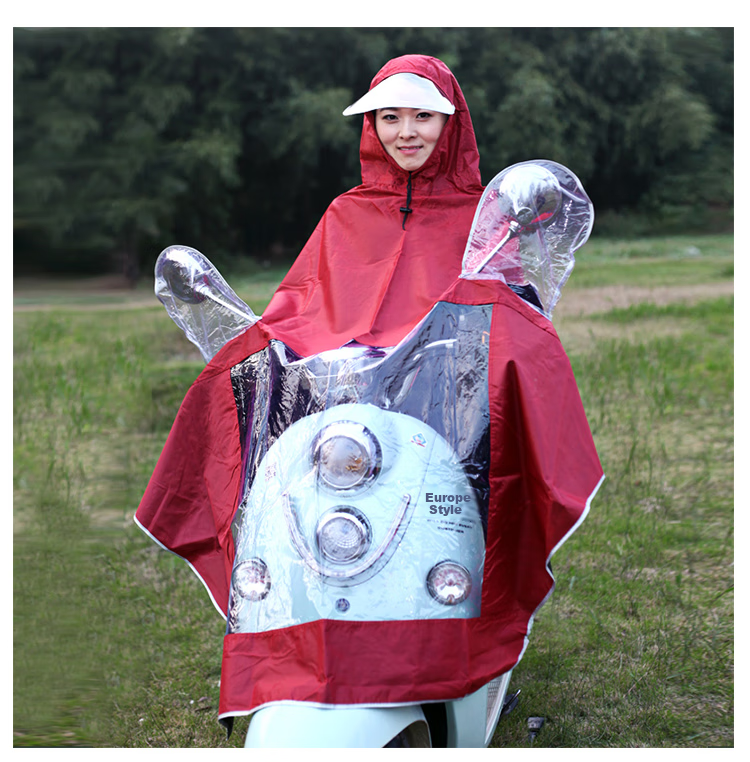 Adandyish Electric Scooter Single-Person Raincoat, Thickened And Enlarged, for Men And Women, with Double Brim And Reflective Strips, Electric Motorcycle Rain Gear, Jujube Red 10