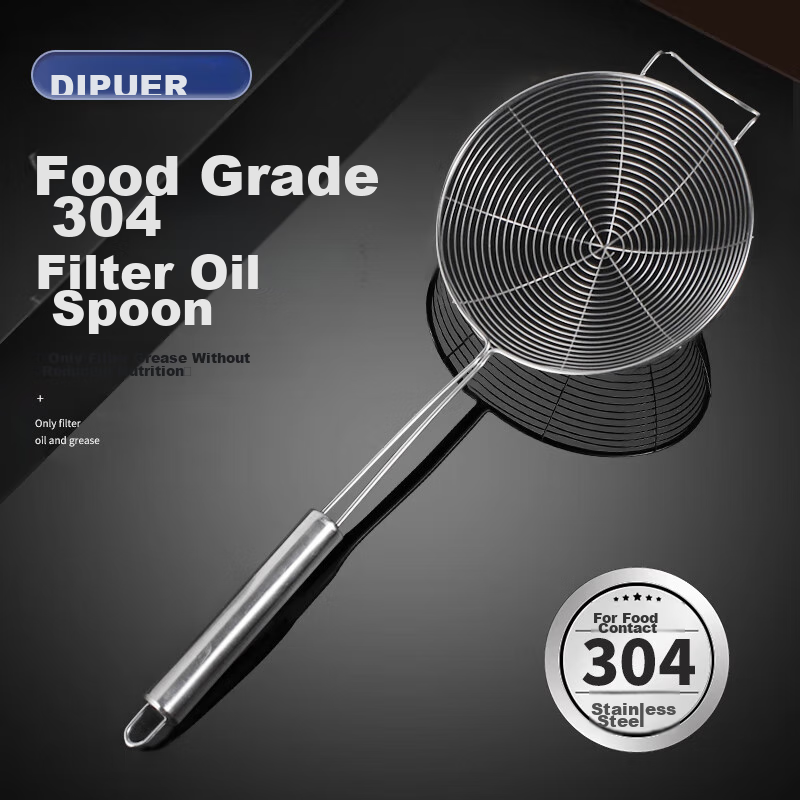 Dipuer 304 Stainless Steel Strainer Skimmer, Large Slotted Spoon with Long Handle, Oil Frying Skimmer, Filter Ladle, Large Size with Hook, Noodle Scoop