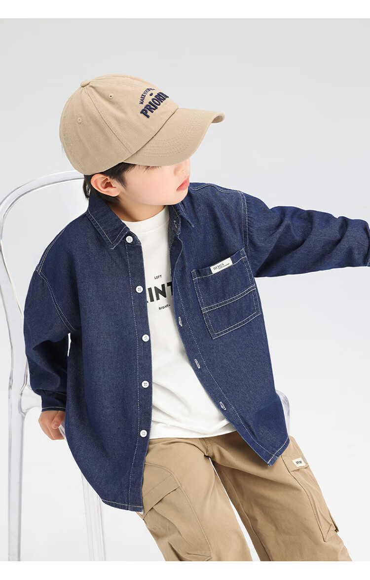 Zuo Xi Boys Denim Shirt Children's Jacket Long Sleeve 2025 New Spring Autumn Boys Shirt Dark Denim 160 7