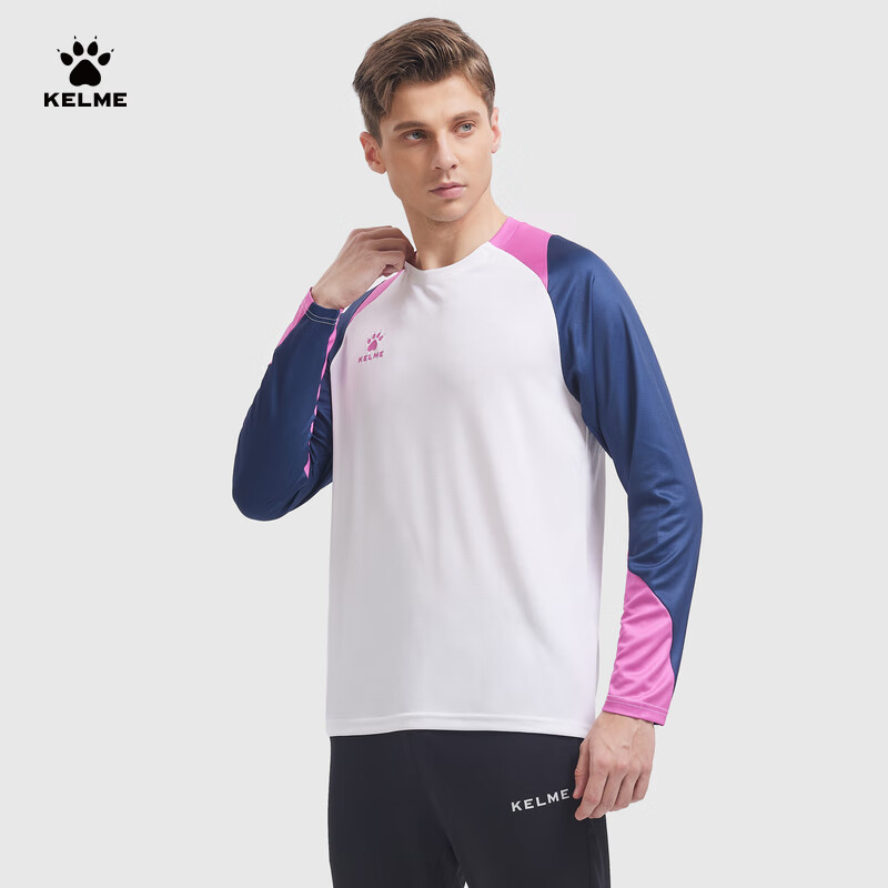 KELME Long-Sleeve Sports T-Shirt for Men, Fitness Soccer Training Top, Running Long Tee Round Neck Shirt, White, Size S