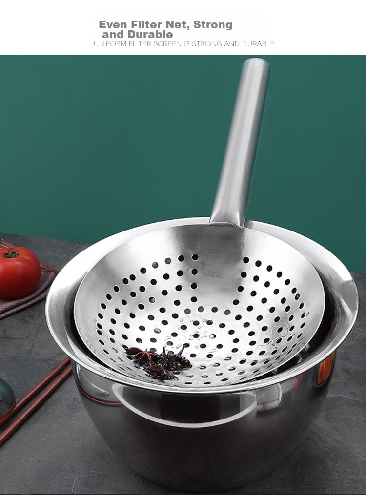 Quanshi Stainless Steel Strainer, Kitchen Oil Drum Skimmer, Ladle Scoop, Round Hole Slotted Spoon, Strainer Ladle, Blanched Water Filter, 26cm 4