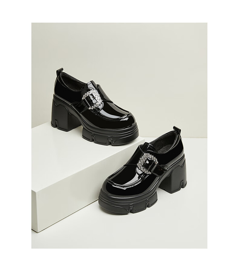 DAPHNE Thick-Soled Loafers for Women, Chunky Heel Deep-Mouth Leather Shoes, Fashionable Versatile High Heels, Women's Shoes, Single Shoes, Black, Size 34 15