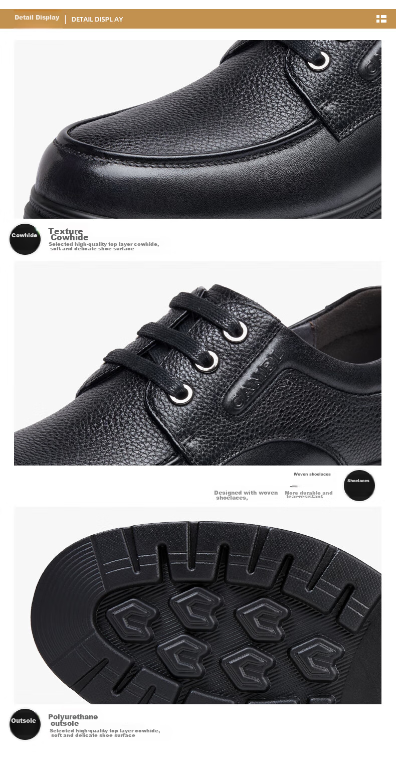 CAMEL Leather Lace-Up Middle-Aged Dad Shoes, Height-Increasing Classic Business Casual Leather Shoes for Men, G15A211067, Black, Size 38 15
