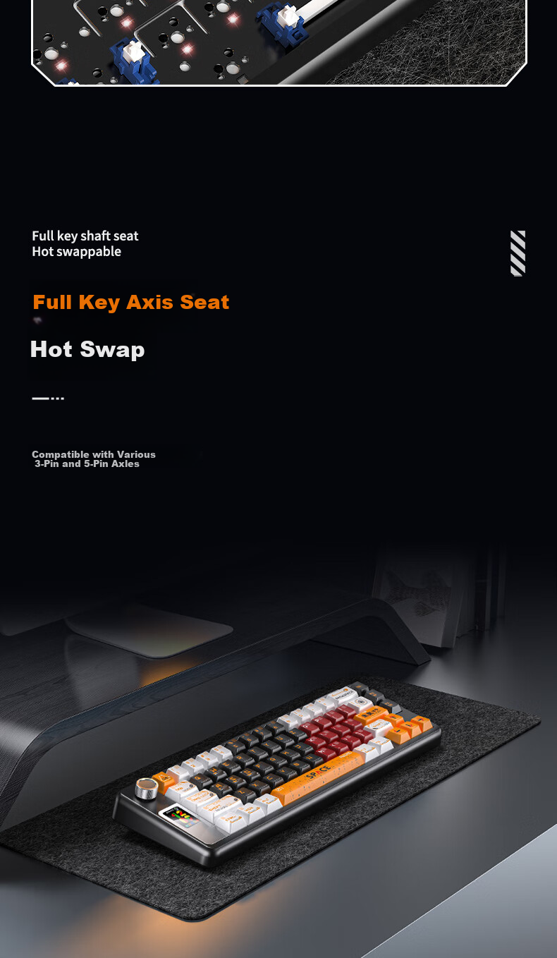 YINDIAO Y65S Tri-Mode Custom Kit, 65% Layout, Hot-Swappable Mounts, Full Anti-Ghosting, Gasket Structure, RGB Lighting Effects, Customizable Keycaps, Black Kit 8