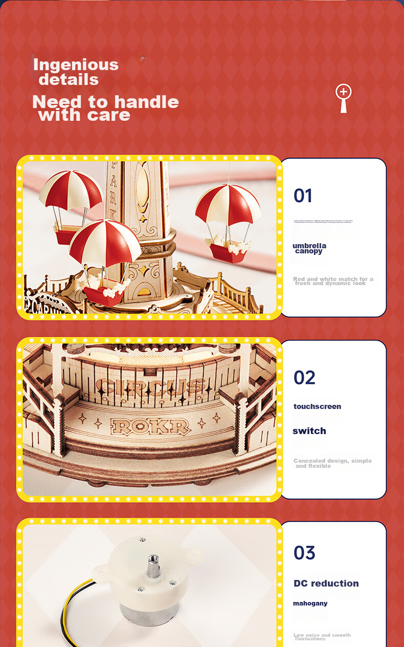 ROKR Parachute, Music Box, Building Blocks, Puzzle DIY Handmade Wooden Assembly Model Toy, Birthday Gift 9