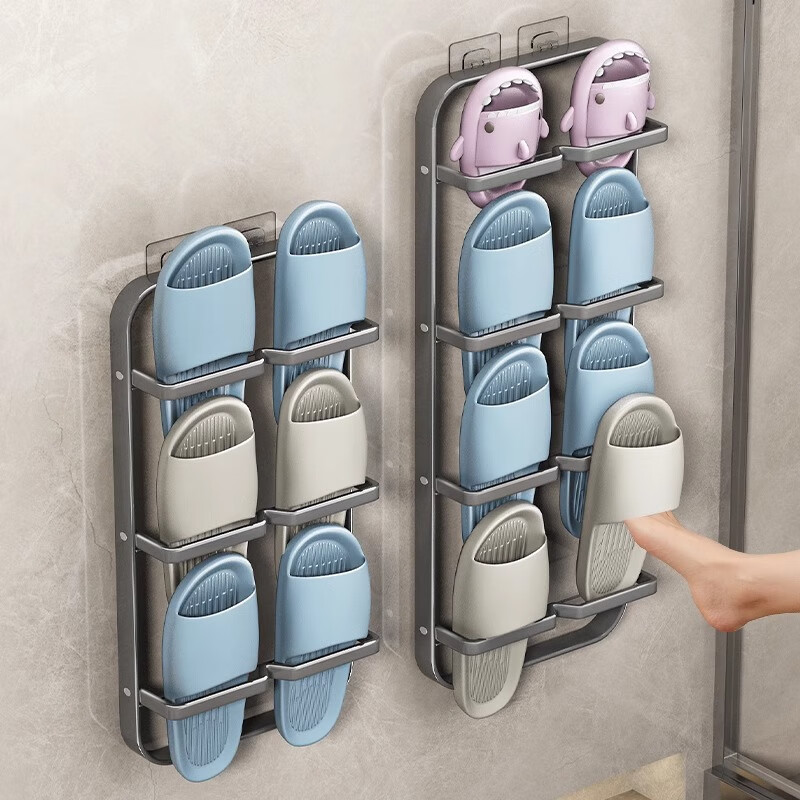 YOUQIN Bathroom Slipper Rack, No Drilling Required, Toilet Storage Shelf, Shoe Organizer, Wall-Mounted, Behind-Door, Water-Draining Hanger