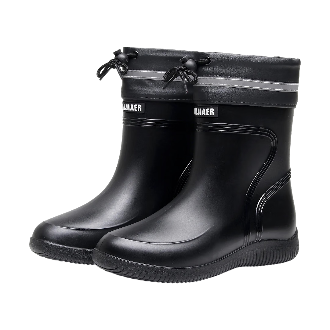 GUOLUOFEI Men's Mid-Calf Rain Boots, Outdoor Waterproof Non-Slip Thick-Soled Elastic Shoes for Food Delivery Riders, Black, Size 45