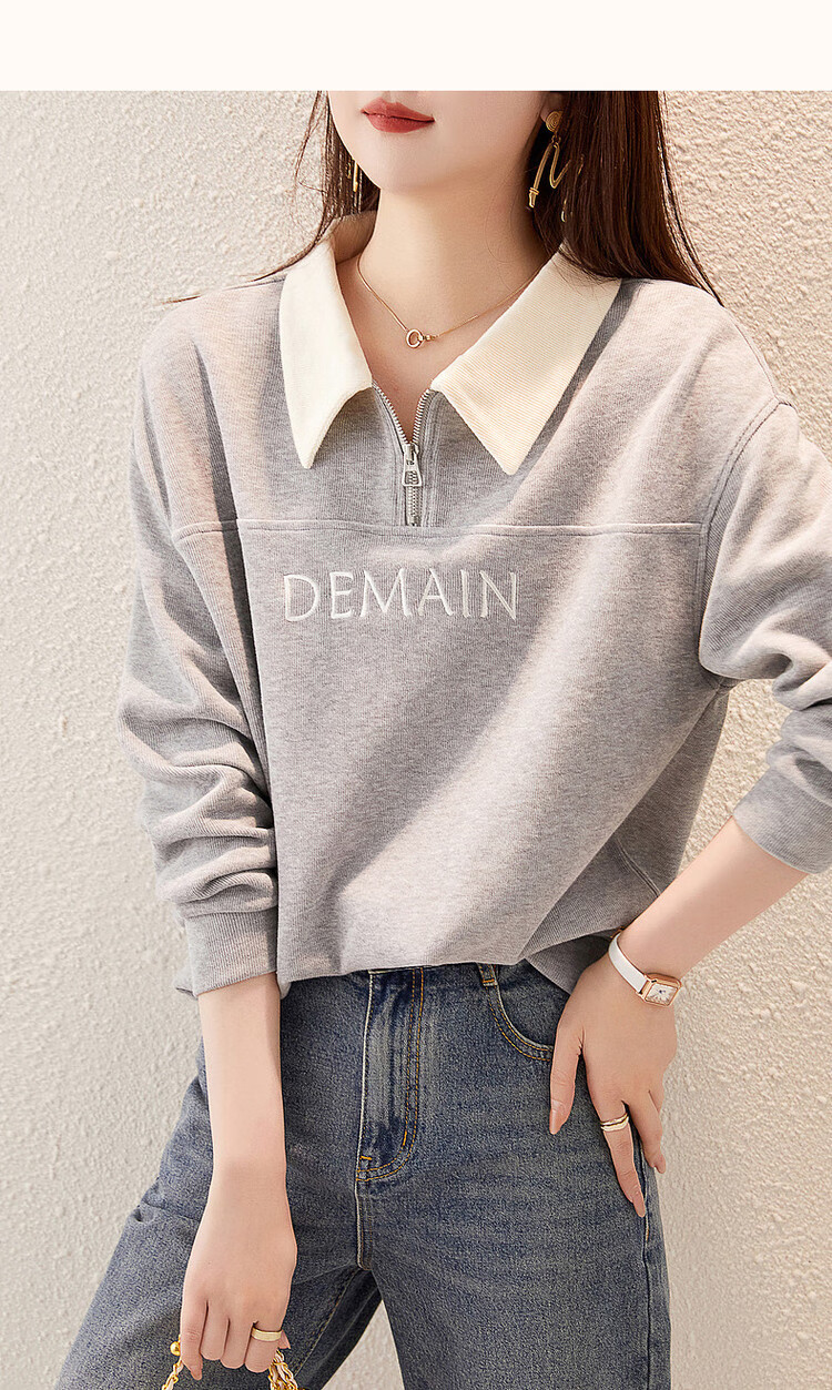 Dme [Elegant Letter Embroidery Sweatshirt] Spring And Autumn Commuter Style, Turn-Down Collar Long Sleeve Patchwork Women's Sweatshirt, Light Blue, XL 22