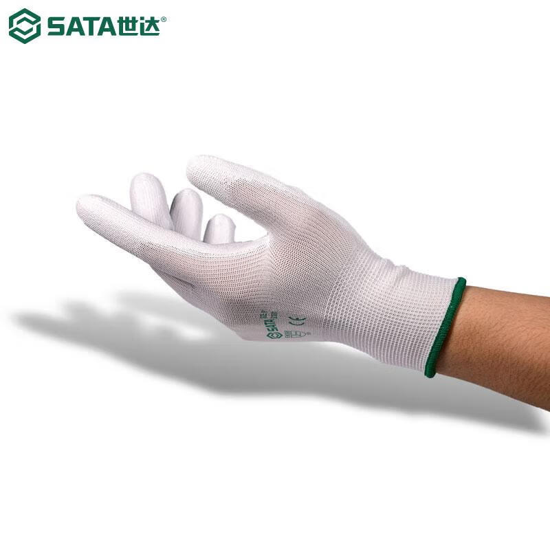 SATA 521001 PU Coated Finger and Palm Gloves 13-Gauge Thin Breathable Flexible Wear-Resistant Anti-Slip Gloves 12 Pairs/Pack Size 8 White