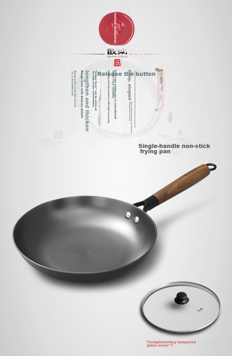 Dianjiang Cast Iron Skillet, 26cm, Non-Coated, Traditional Pan for Home Use, Breakfast Frying, And Steak Cooking 1