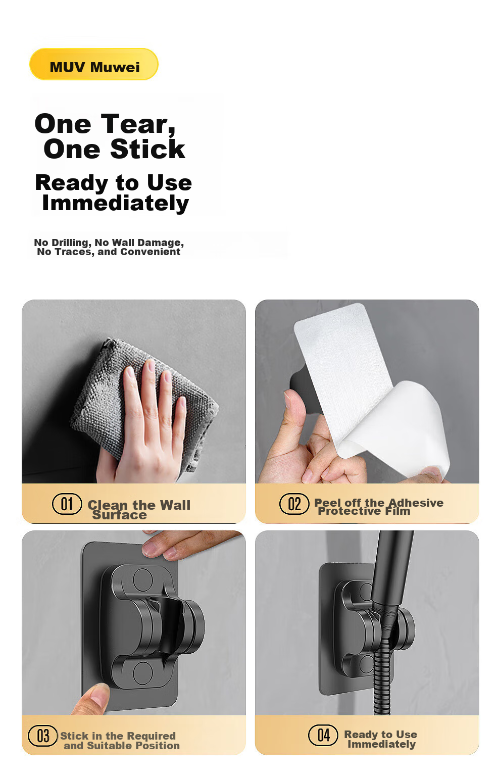 Muvi Shower Head Holder, No Drilling Required, Shower Hose Base, Bathroom Wall-Mounted Handheld Shower Head Bracket 3