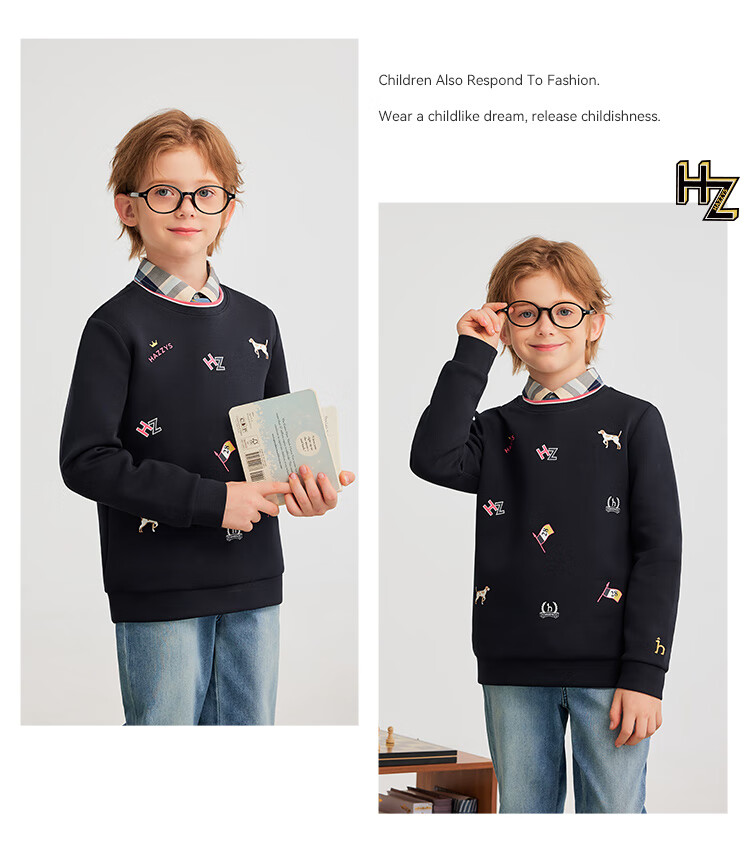 HAZZYS Brand Boys' Knitted Solid Color Double-Sided Embroidered Logo Sweatshirt, Spring New Style, Navy Blue, Size 130 6