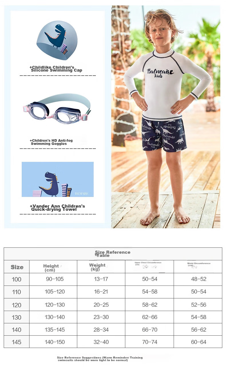 BALNEAIRE Little Dinosaur Series Two-Piece Swimsuit for Boys, Small Stand-Up Collar Design, Fashionable Skin-Friendly Children's Swimwear for Beach, Size 100 8
