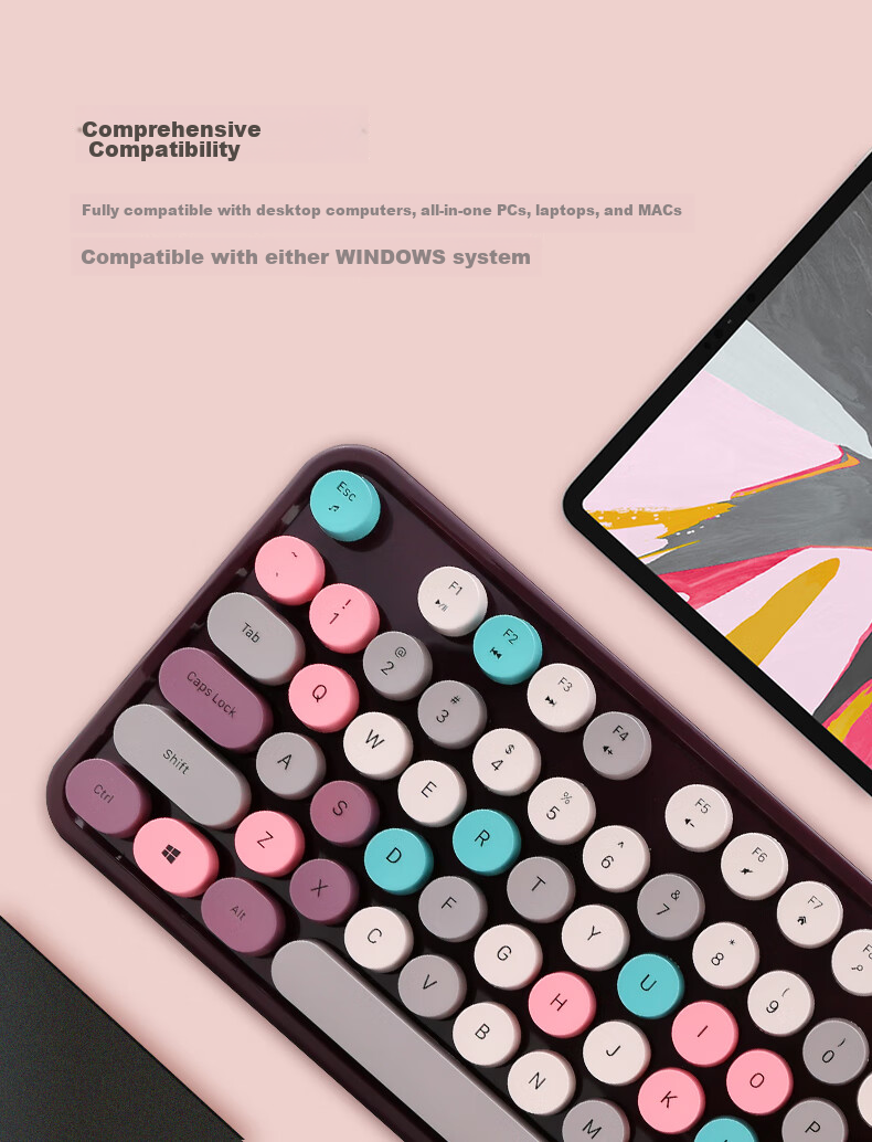 Rantopad RF104 Wireless Keyboard And Mouse Combo, Office Keyboard And Mouse Set, Retro Keyboard, Mouse, Full-Size 104-Key Set, Purple Mixed Color 7