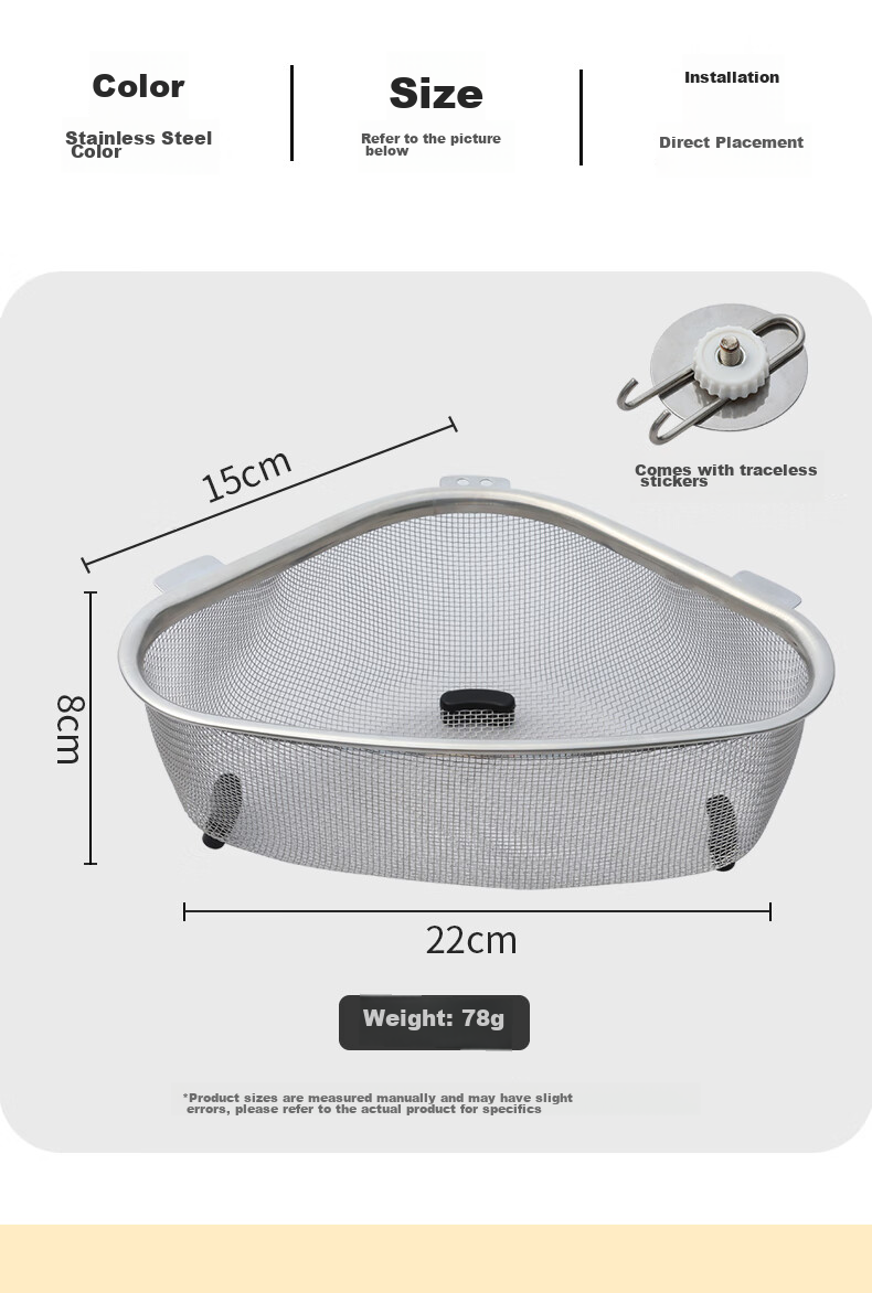 BJ Triangle Sink Strainer, Stainless Steel Kitchen Utensil, Multifunctional Drain, Food Waste Collector, Storage Rack 12