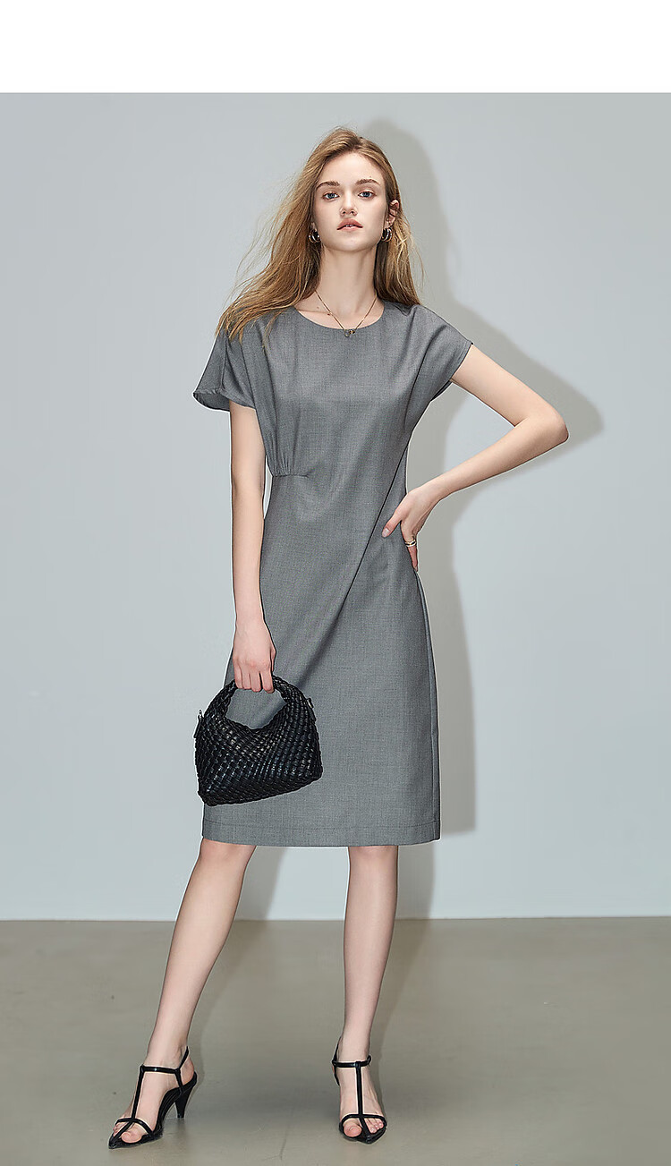 Dme Elegant Large Women's Summer Round Neck Waist-Cinching Urban Asymmetric Pleated Lightweight Commuter Short-Sleeve Dress for Wome 11