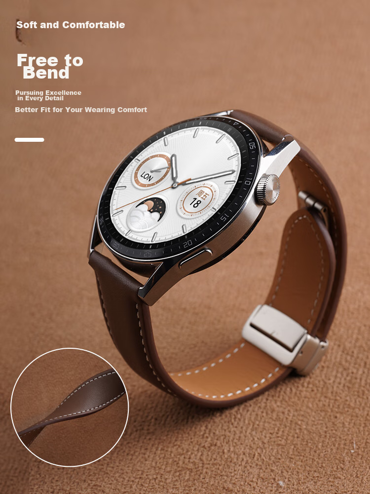 Watchbond Leather Watch Strap Compatible with Huawei Watch 5/GT6, GT6 Pro, GT5, GT4, 5 Pro, Runner 2, Magnetic Buckle, No Hole Folding Clasp, Smart Sports 22mm Wristband 7