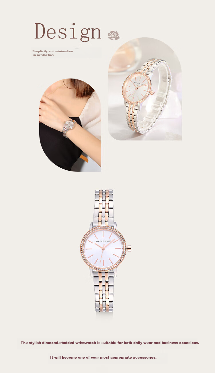 ARMANI EXCHANGE Women's Steel Strap Watch with Diamond Accents, Quartz Movement, Western-Style Wristwatch, Birthday Gift for Girls, AX5542 2