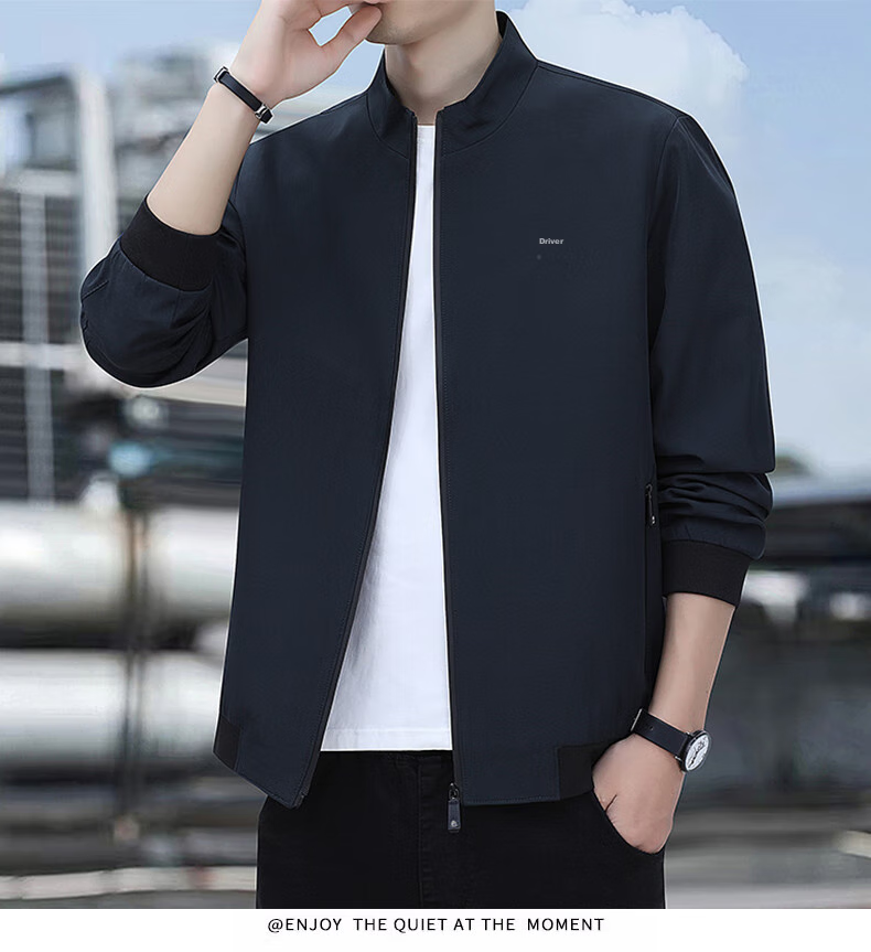ROMON Jacket for Men, Autumn Outerwear, Stand-Up Collar Executive Business Jacket, Versatile Commuter Menswear ZH606 Black L 21