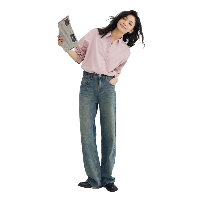 Dme [Cool Gray Powder Blouse] Women's Loose-Fitting Slimming Layered Versatile Shirt, Gray Powder, L