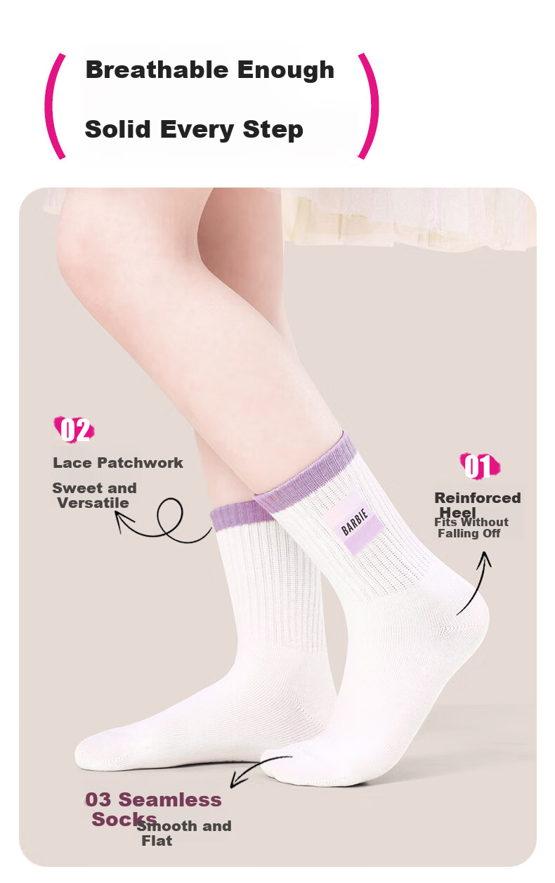 Barbie Children's Cotton Socks, Spring And Autumn White Short Socks, Girls' Little White Socks, School Uniform Socks for Older Children, Mid-Calf Socks for Autumn And Winter Seasons 4