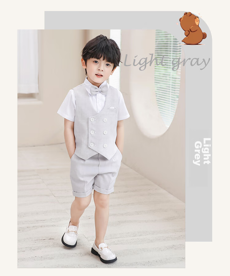 LUOBOBEIBEI Boys' Suit Summer Short-Sleeve Children's Vest Set for Children's Day Performance, Light Gray Four-Piece Set, Size 150 13