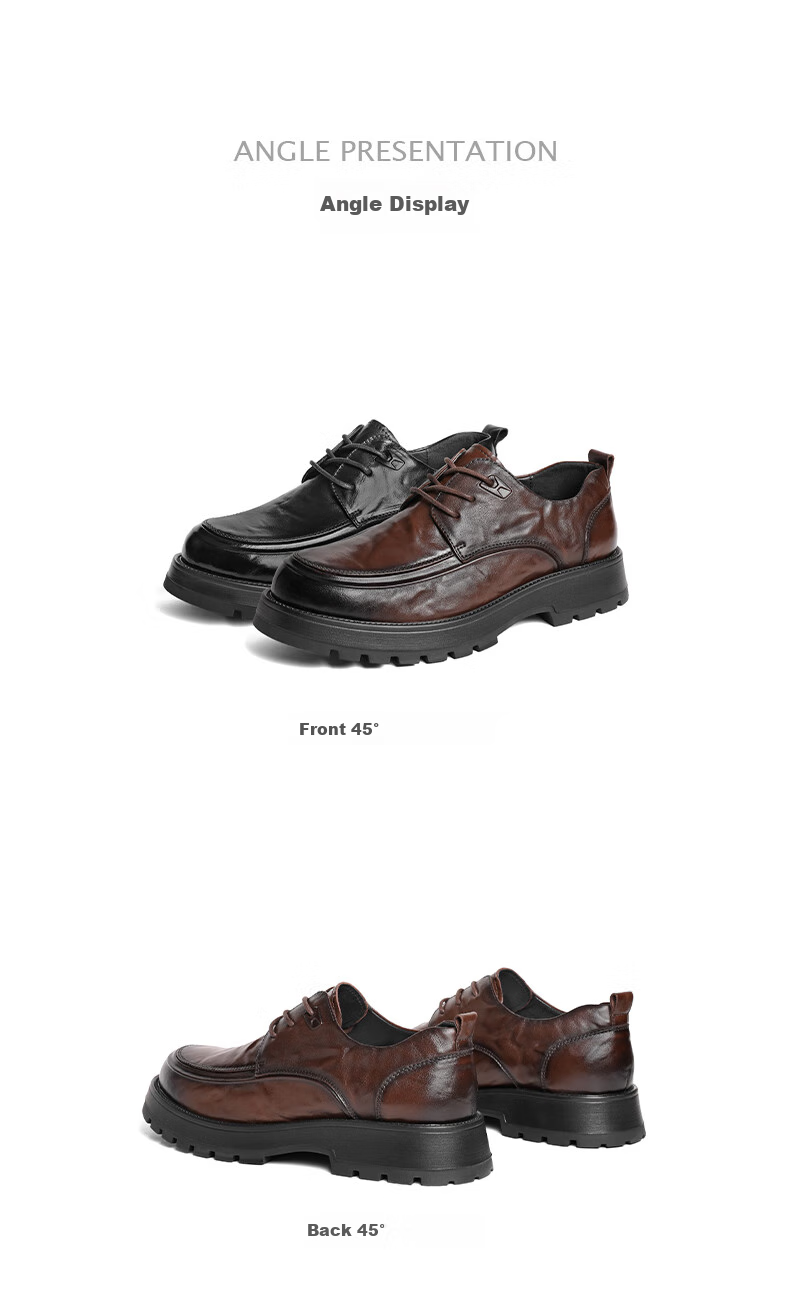 Belle Pleated Business Leather Shoes, Thick-Soled Heightening Derby Shoes, Men's Formal Genuine Leather Shoes A1422AM4, Brown-Single Lining, Size 38 12