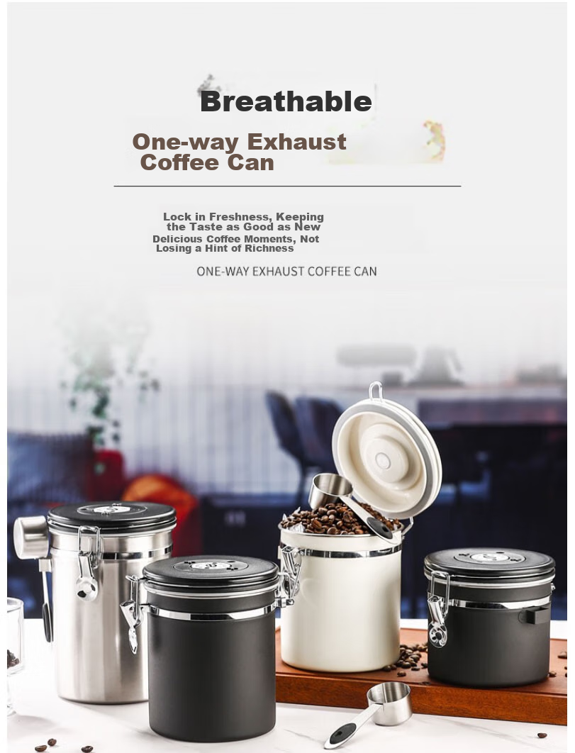 Beiyin Coffee Bean Storage Canister with Spoon, Sealed 304 Stainless Steel Container, Ventilated, Date Setting Option, Black, 1.5L 1