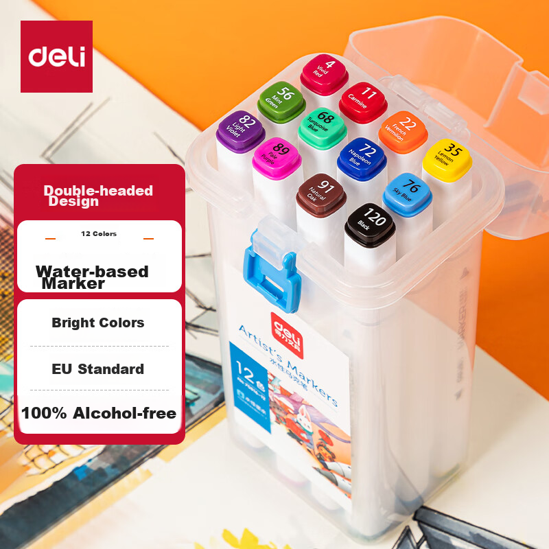 Deli Water-Based Markers, 12 Colors, Dual-Tip Square Barrel, Large Capacity, Quick-Drying, Alcohol-Free, Student Tree Commonly Used Watercolor Pens, Highlighters, Exam Gifts, Beauty Education Graduatio