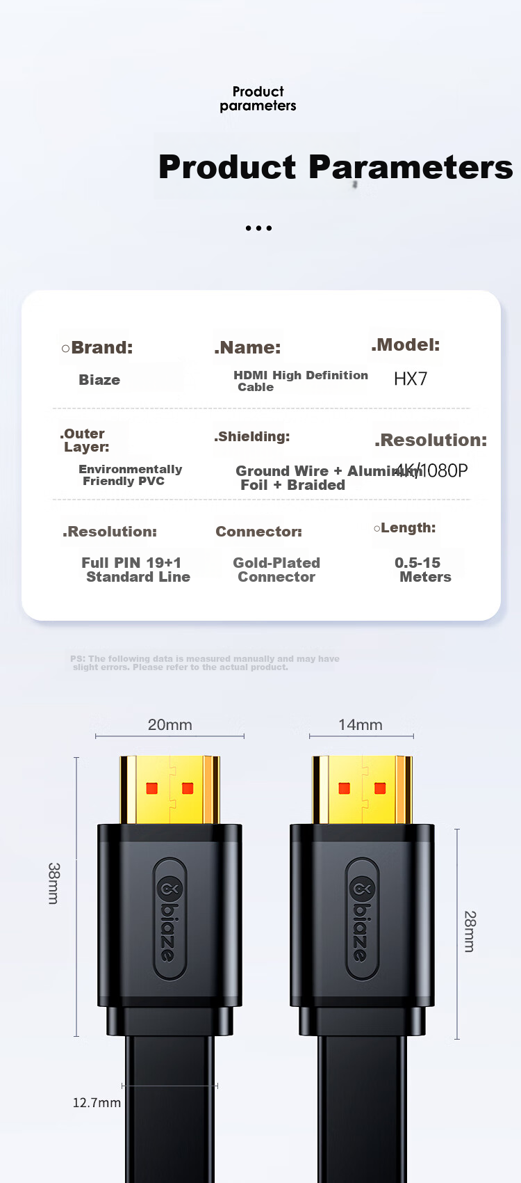 BIAZE HDMI Cable Version 2.0 Flat Cable, 10 Meters, 4K Digital High-Definition Cable, 3D Video Cable for Computer Set-Top Box to TV Projector Connection Cable 10