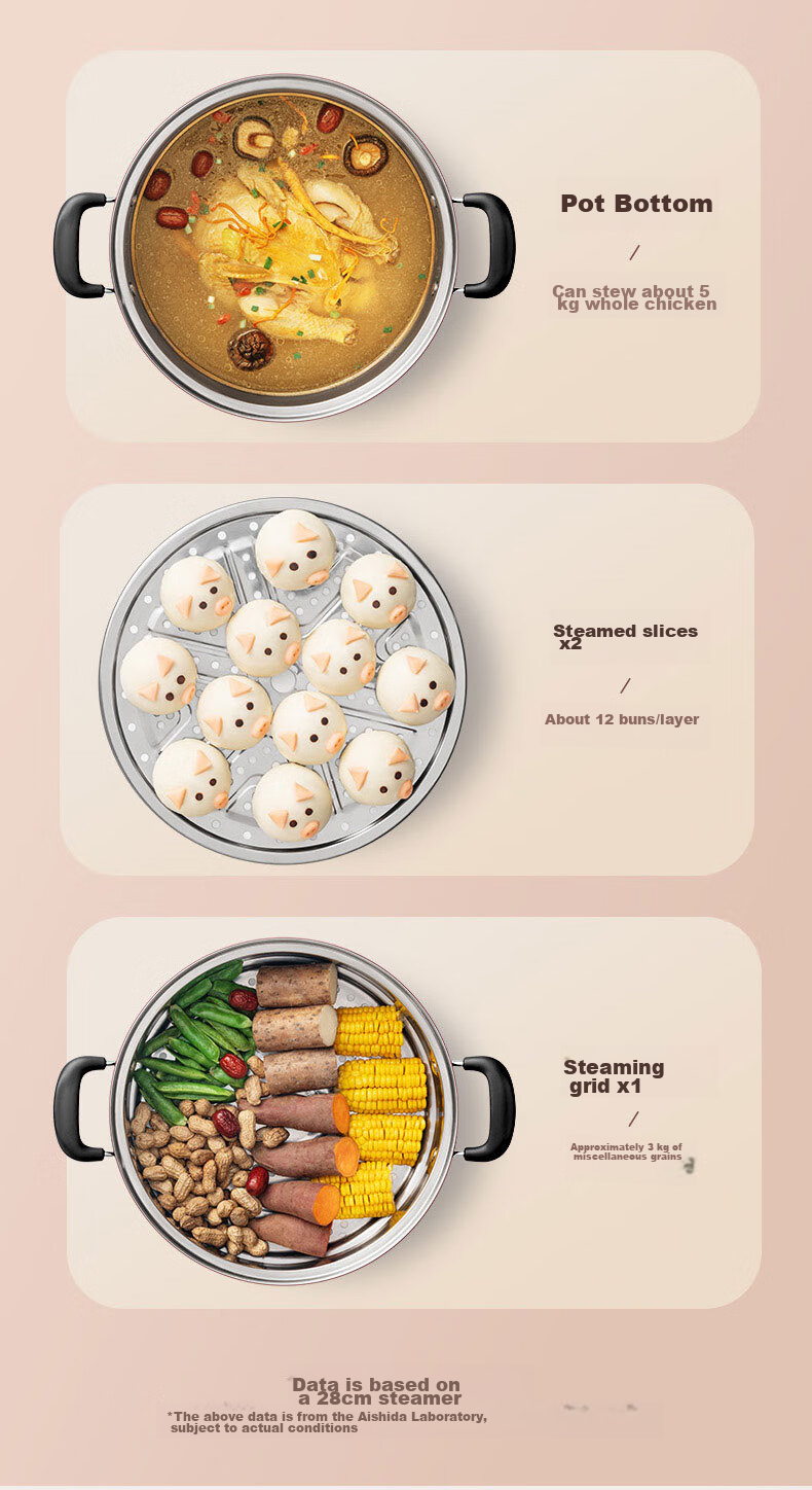 ASD Steamer Pot, Three Layers, 30CM Thickened Base, High-Arch Lid, Large Capacity Fish Steaming Pot, ZS30A5WG 7