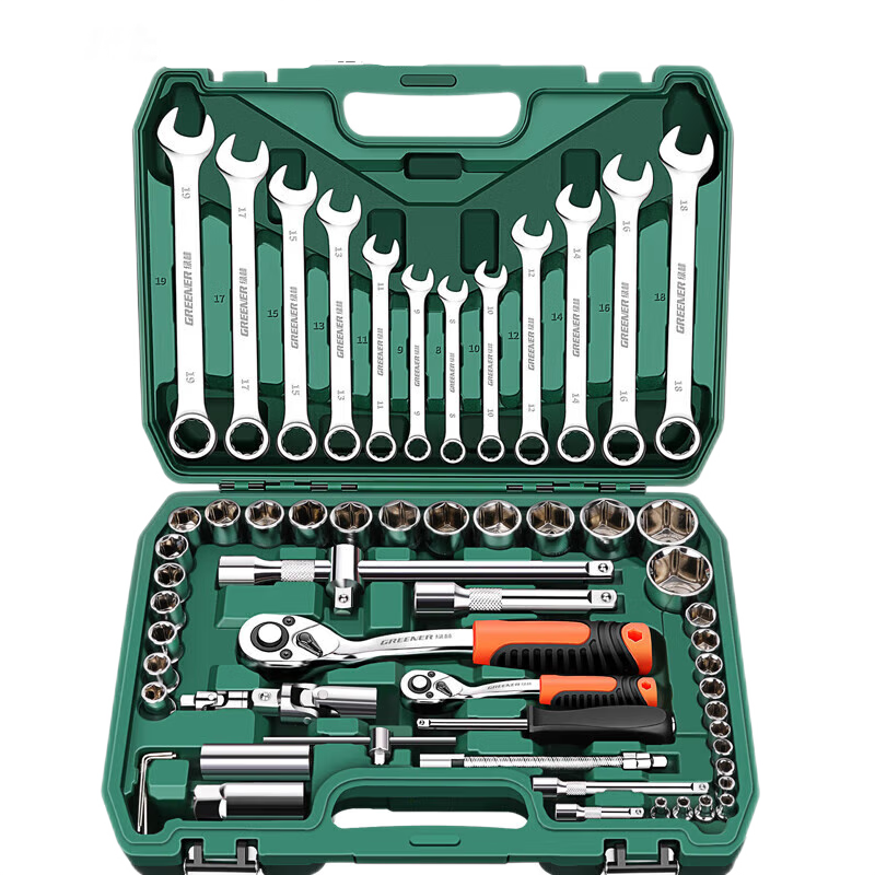 GREENER 62-Piece Professional Auto Repair Tool Set, Home-Use Large And Small Ratchet Toolbox, Plum Blossom And Open-End Wrenches, Complete Set