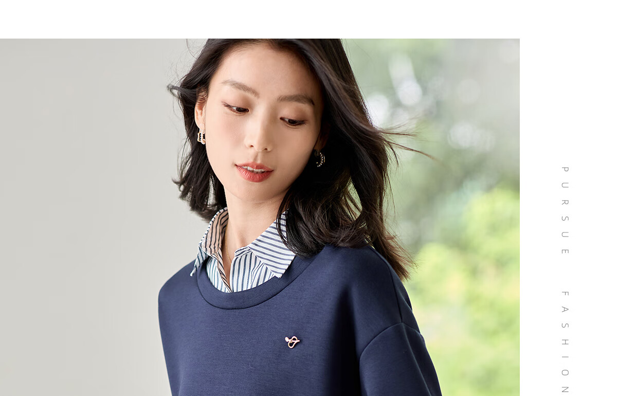 Chushen Women's Patchwork Striped Shirt Collar, Fashionable Faux Two-Piece Design with Delicate Brooch Top S143W1012 10