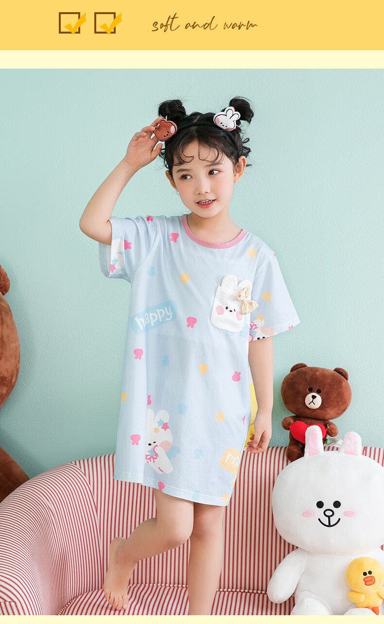 Fenteng Girls' Cotton Sleep Dress Bunny IP Summer Short Sleeve Bow Children's Pajamas Air Conditioning Clothes 11