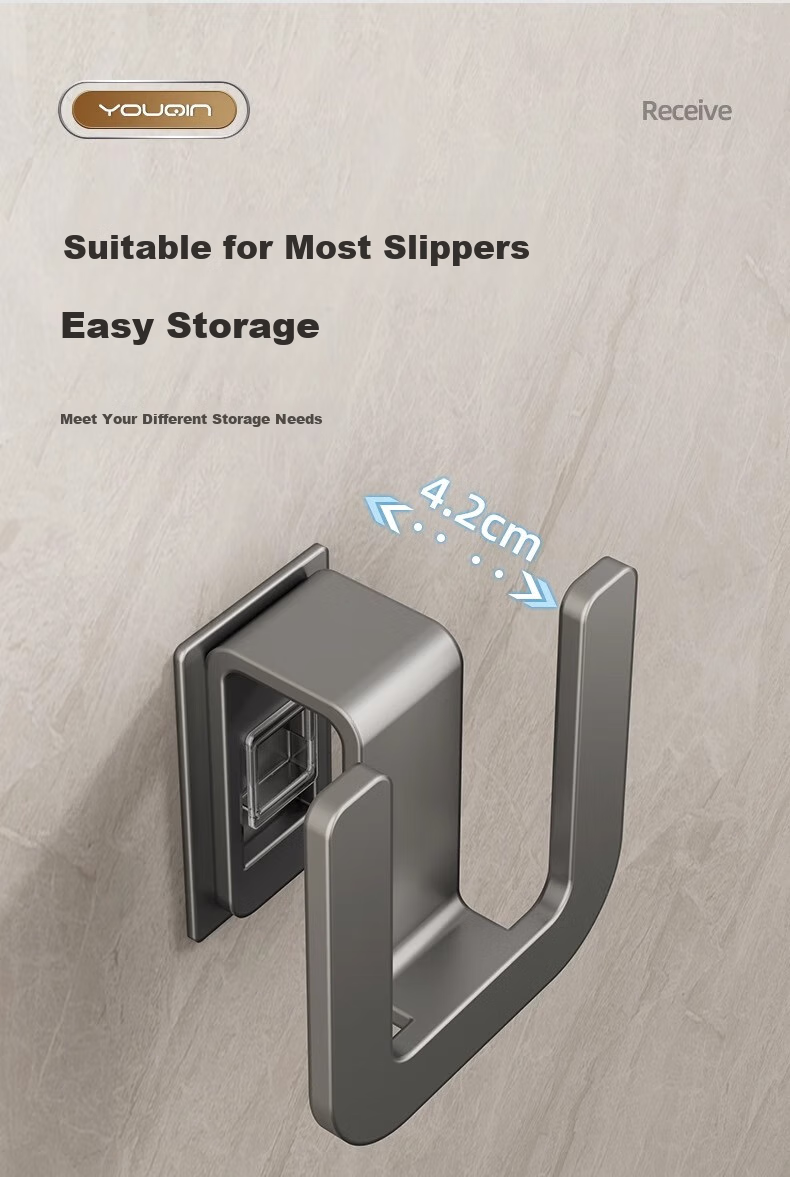 YOUQIN Slippers Storage Rack, No Drilling Required, Wall-Mounted Bathroom Slipper Holder, Behind-Door Shoe Rack with Drip Hooks 4