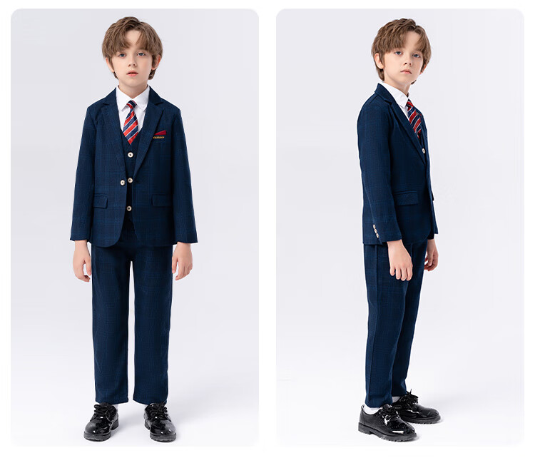 LUOBOBEIBEI Boys' Suit Spring Formal Wear Set, Children's Stylish Small Suit, Piano Greeting Outfit, Blue Plaid Five-Piece Set, Size 120 3