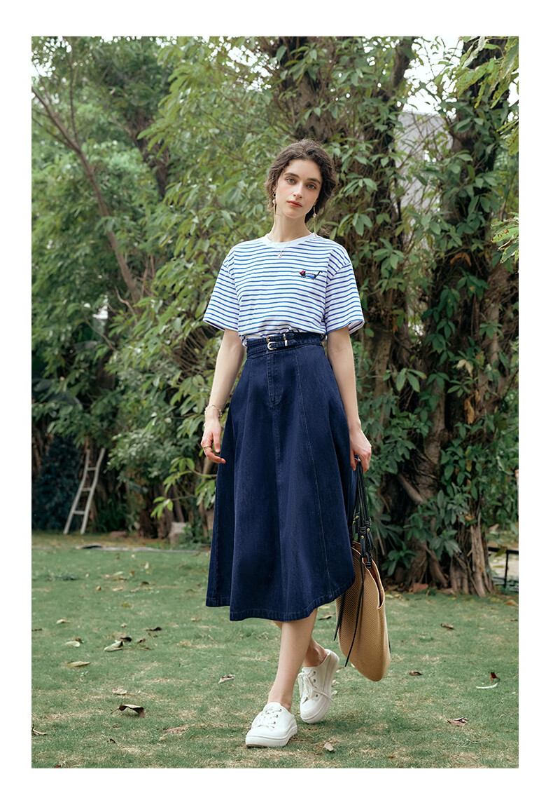 Olrain Blue and White Striped Short Sleeve T-Shirt Summer New Fashion Youthful Top Blue and White Stripes XL 14