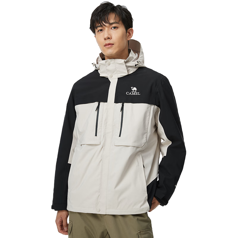 CAMEL Men's Three-In Outdoor Color-Block Mountaineering Jacket, Tibet-Ready Hard Shell Coat A13CATaR036