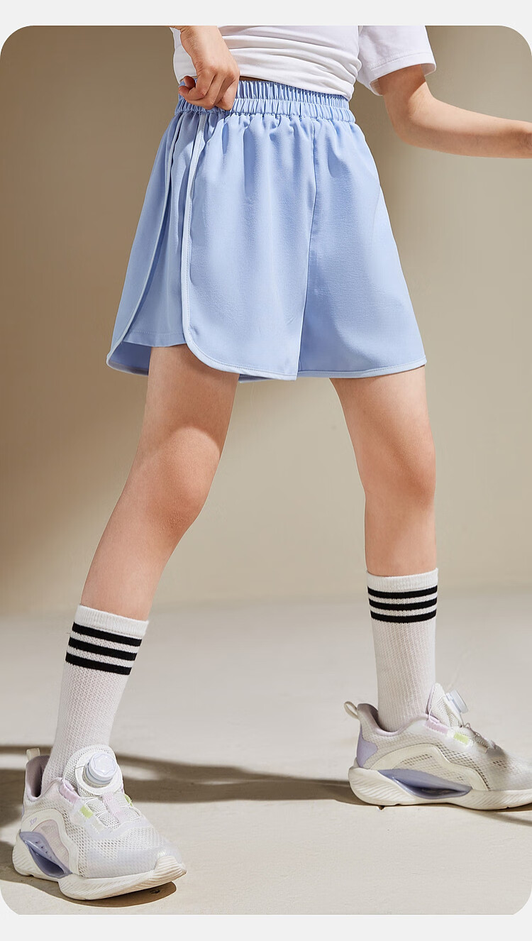 ASK JUNIOR Offline Matching Girls' Summer Loose Sports Shorts with Side Seam Stripes, Casual Children's Pants, Light Blue, Size 110 2