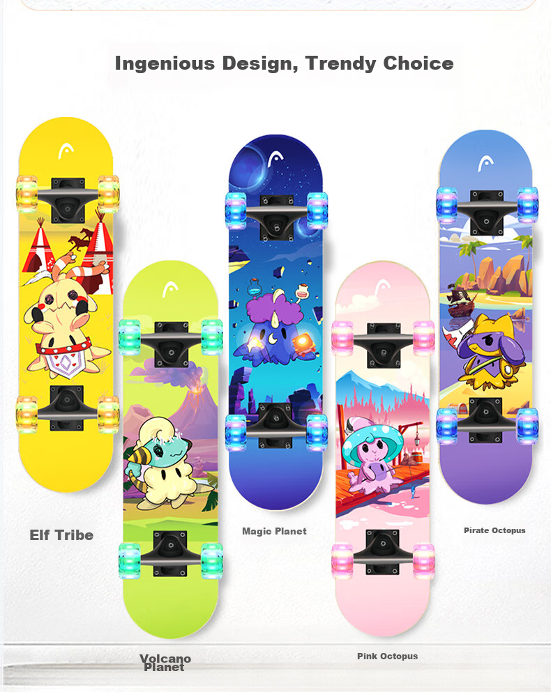 HEAD Children's Skateboard for Beginners, Four-Wheel Light-Up Double-Warped Skateboard for Boys And Girls Aged 3-9, Professional Entry-Level Skateboard, Magic Planet 5