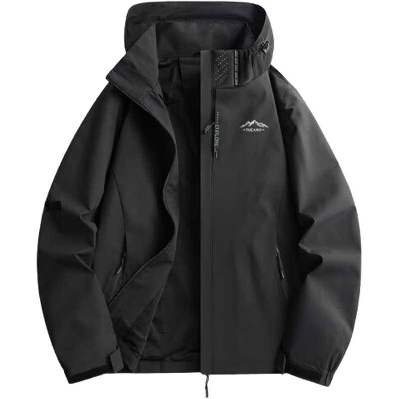 TUCANO Windproof And Waterproof Detachable Hooded Jacket for Men, Outdoor Hiking Sports Coat, Black, Size M