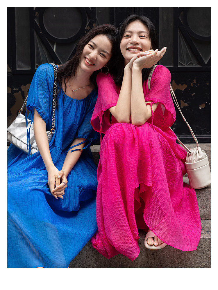 Dme Relaxed Fit Round Neck Long Dress Summer Vacation Fabric Textured Sleeve Cuff Drawstring Design Dress 1