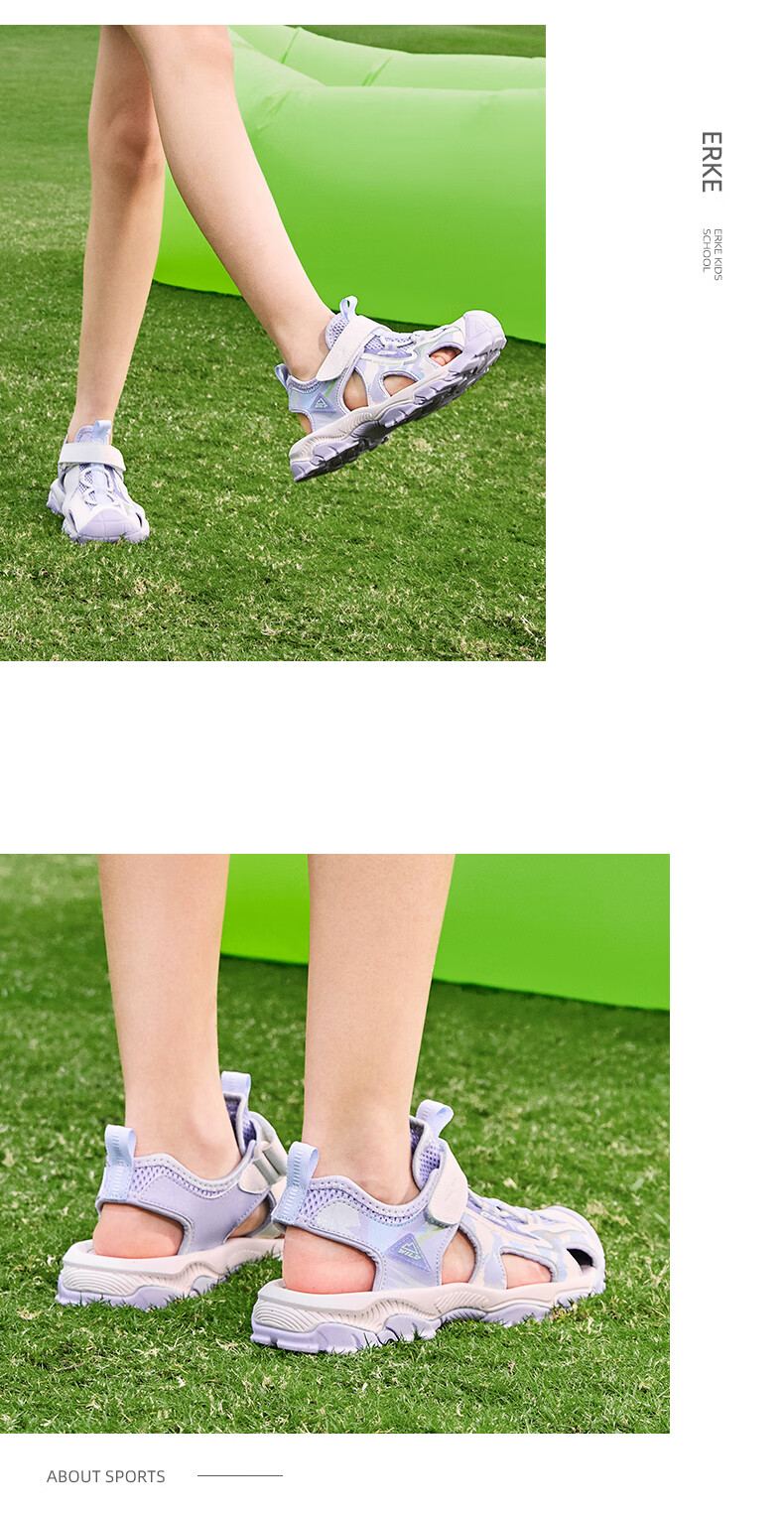 ERKE Children's Shoes, Girls' Big And Small Kids Closed-Toe Sandals, Children's Velcro Outdoor Beach Shoes, Pure Pink/micro-Crystal White, Size 35 34