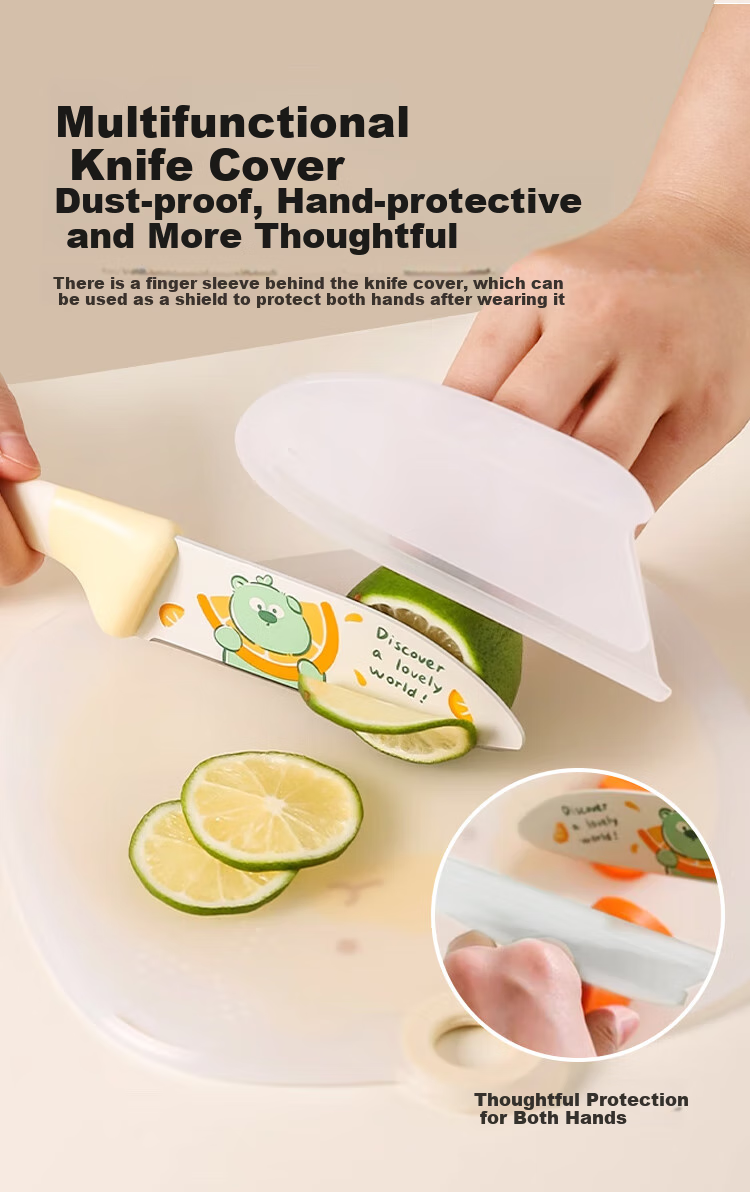 Baoshi Children's Small Kitchen Knife with Hand Guard, Stainless Steel Fruit Knife, Portable Outdoor Cutlery Set, Beige Bear Desig 4